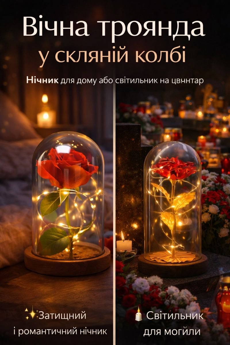 Вічна троянда у скляній колбі з LED-підсвічуванням у подарунковому пакуванні