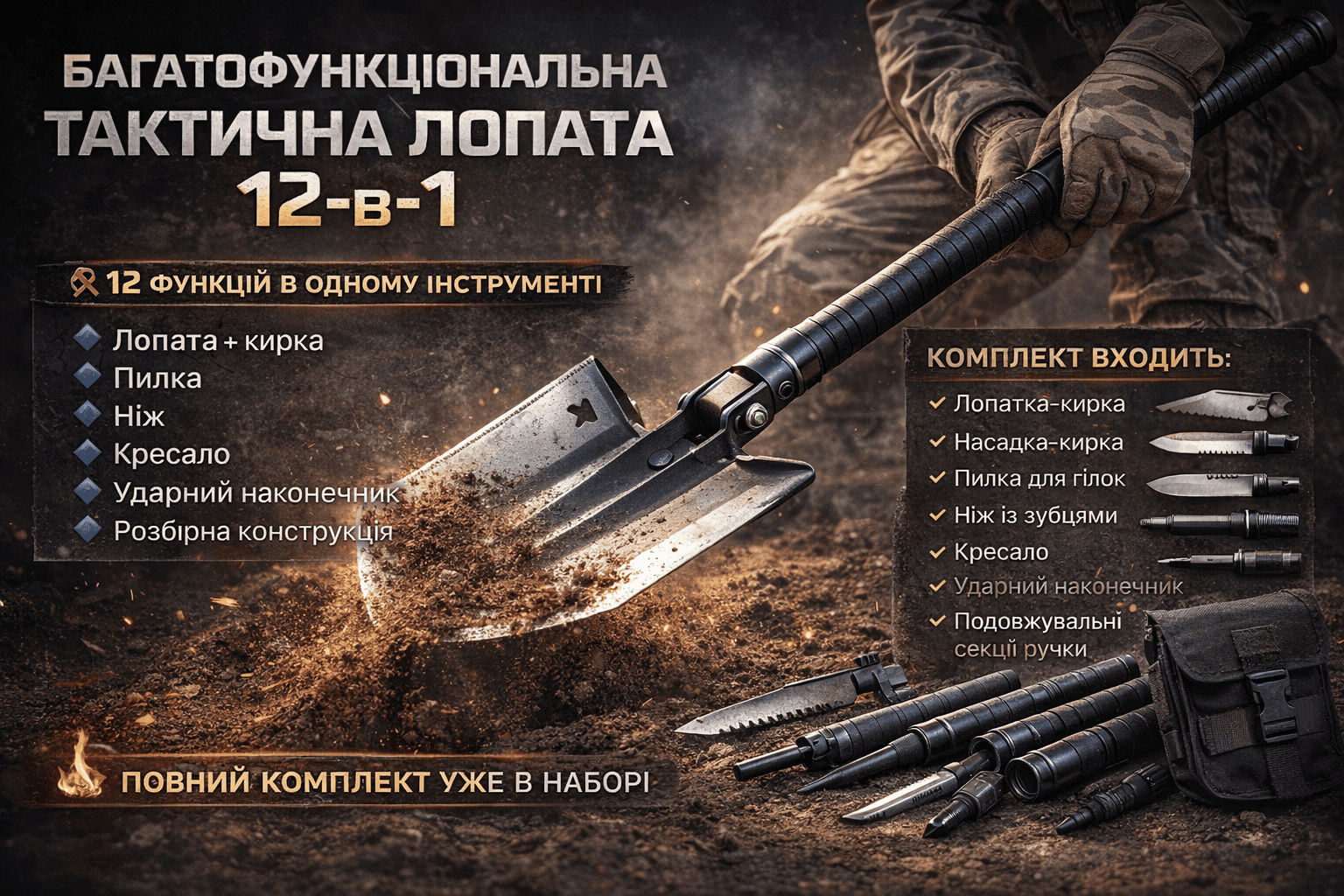 Багатофункціональна саперна лопата 12-в-1
